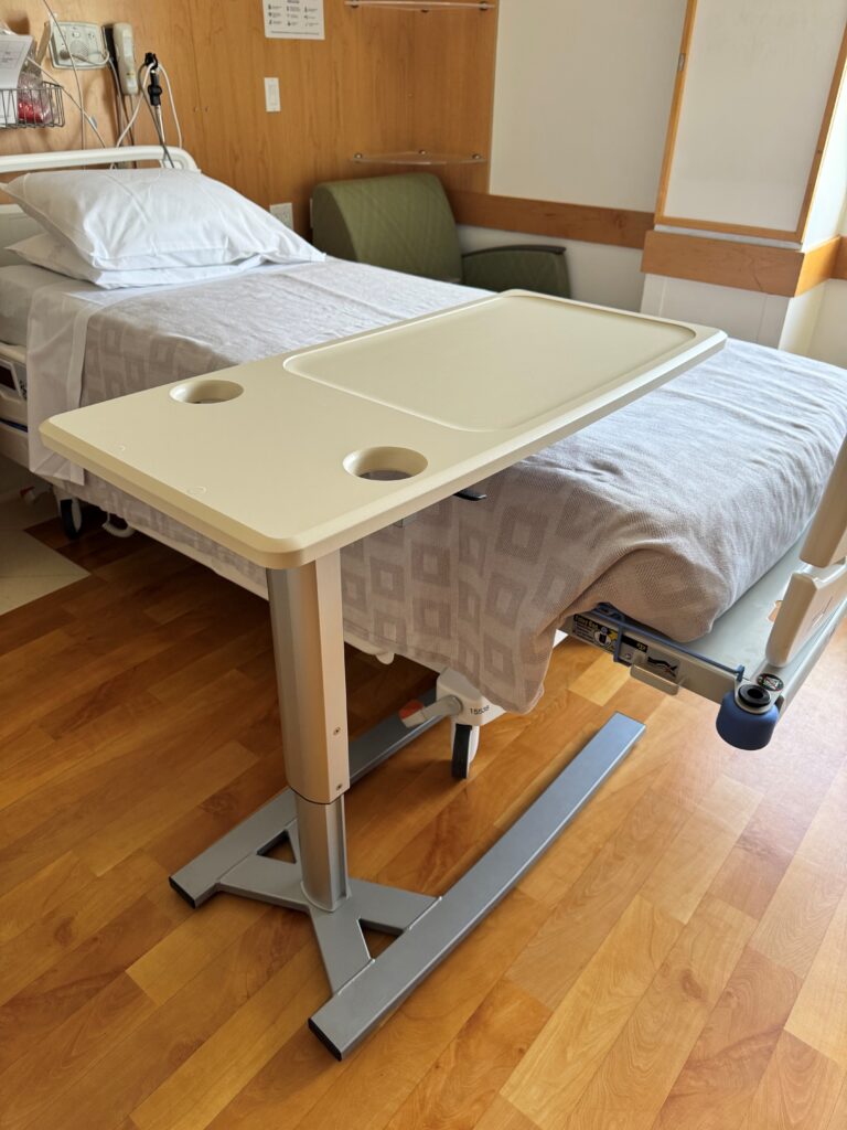 MedViron 39in Overbed Table in Eiderdown in hospital room