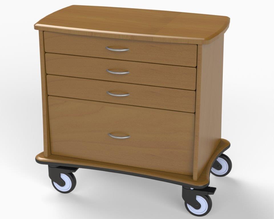Four drawer medical equipment storage cart on five inch casters.
