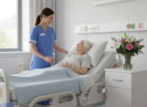 Elderly female patient in hospital bed next to MedViron Dura-Tough Bedside Cabinet