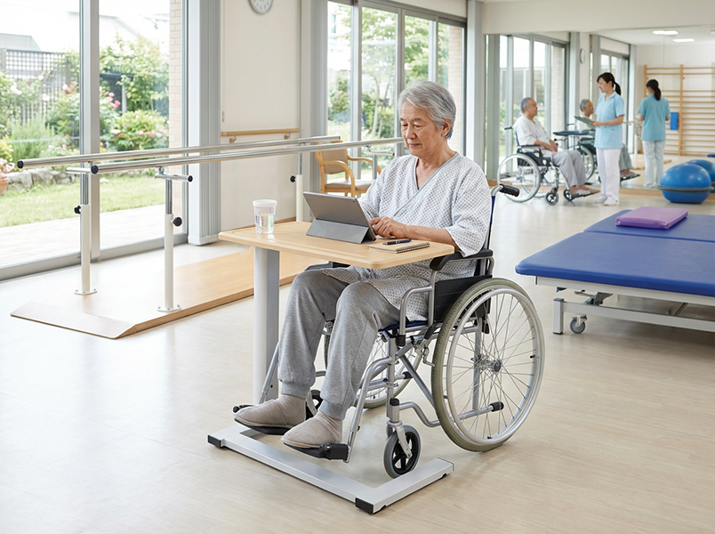patient in wheelchair with u-base overbed table