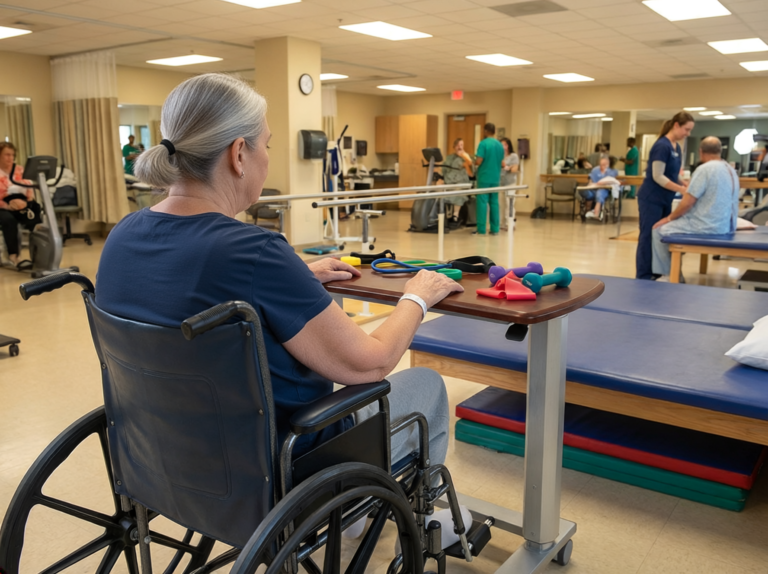 Woman using a HAWS in rehab center