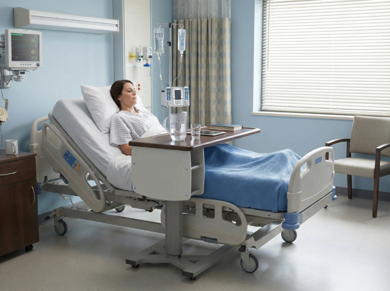 hospital room scene with MedViron 39in Overbed Table with hanging ped