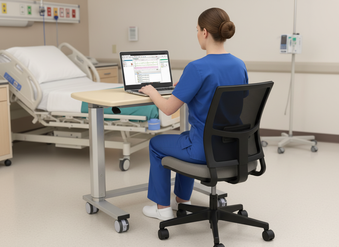 A nurse is seated at a Medviron Surf Height Adjustable Work Surface