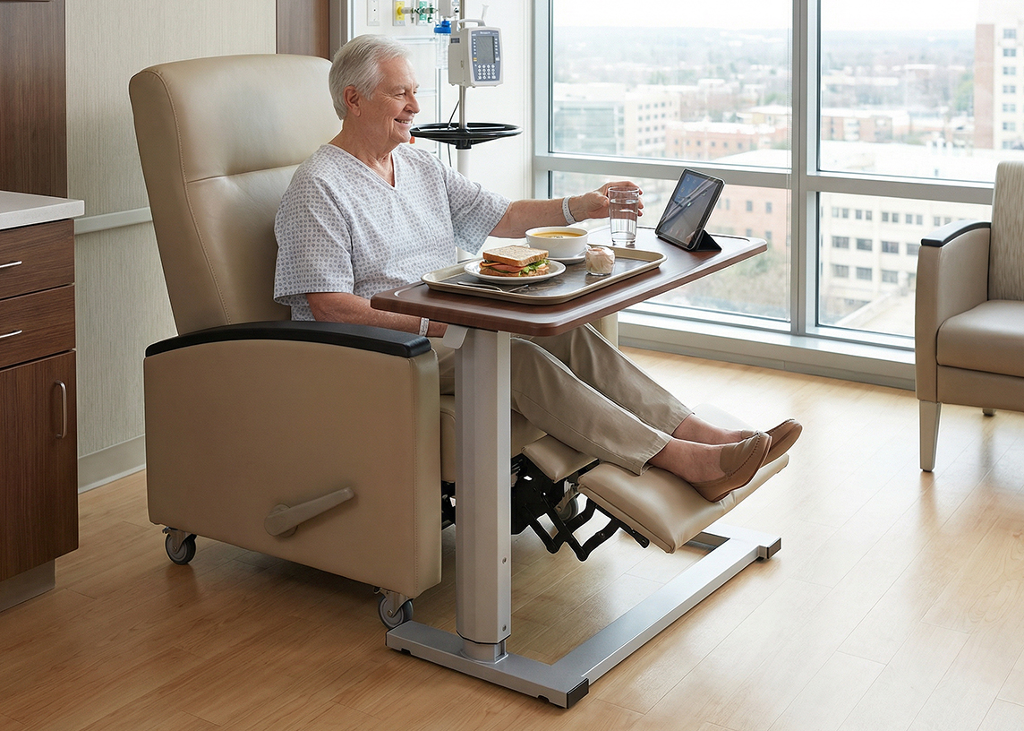 Patient in recliner eating meal with medviron u-base Hospital Overbed Table