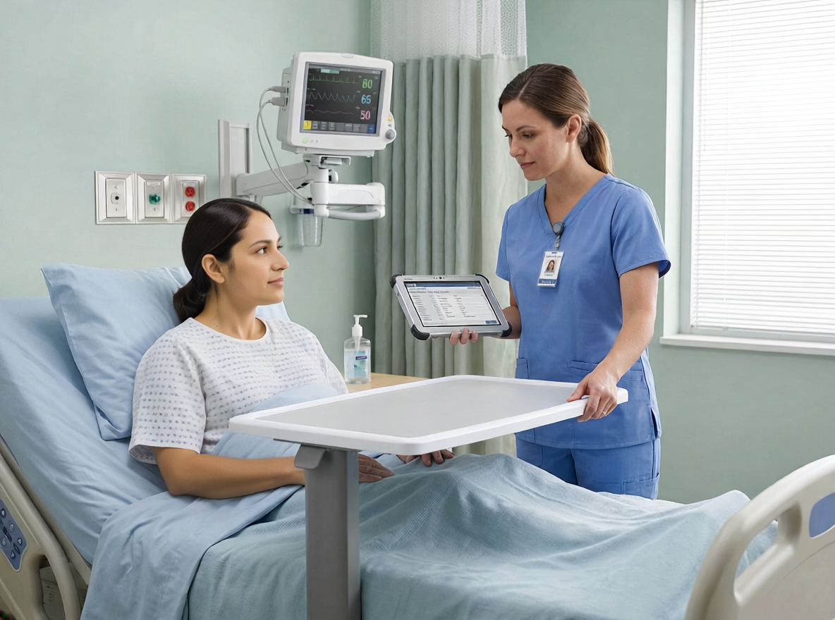 Nurse standing by bed lifting hospital overbed table with one hand.