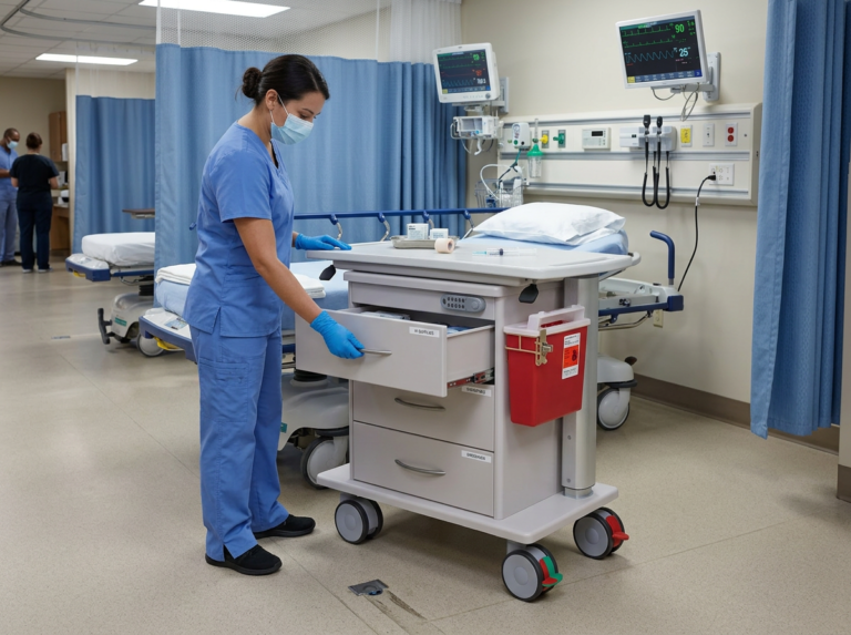 MedViron height adjustble procedure cart being used in hospital emergency room.