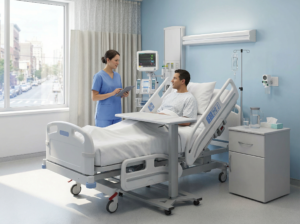 Guy in bed talking to nurse