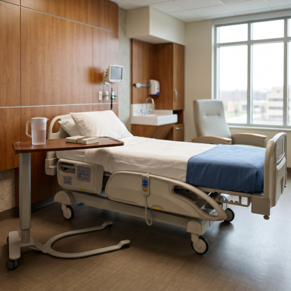 Sotto Overbed Table next to a hospital bed.